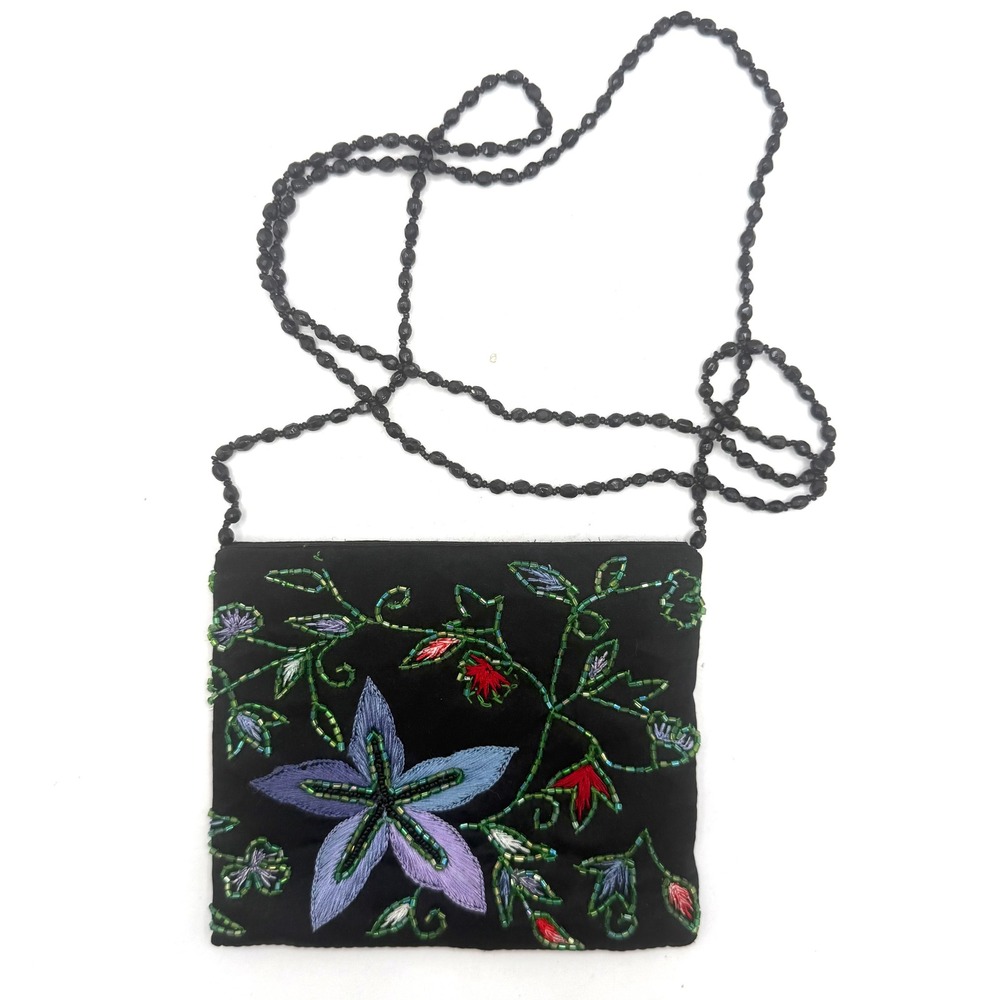 Vintage Moyna Beaded Floral Crossbody Bag 1990s Embroidered Mini Purse